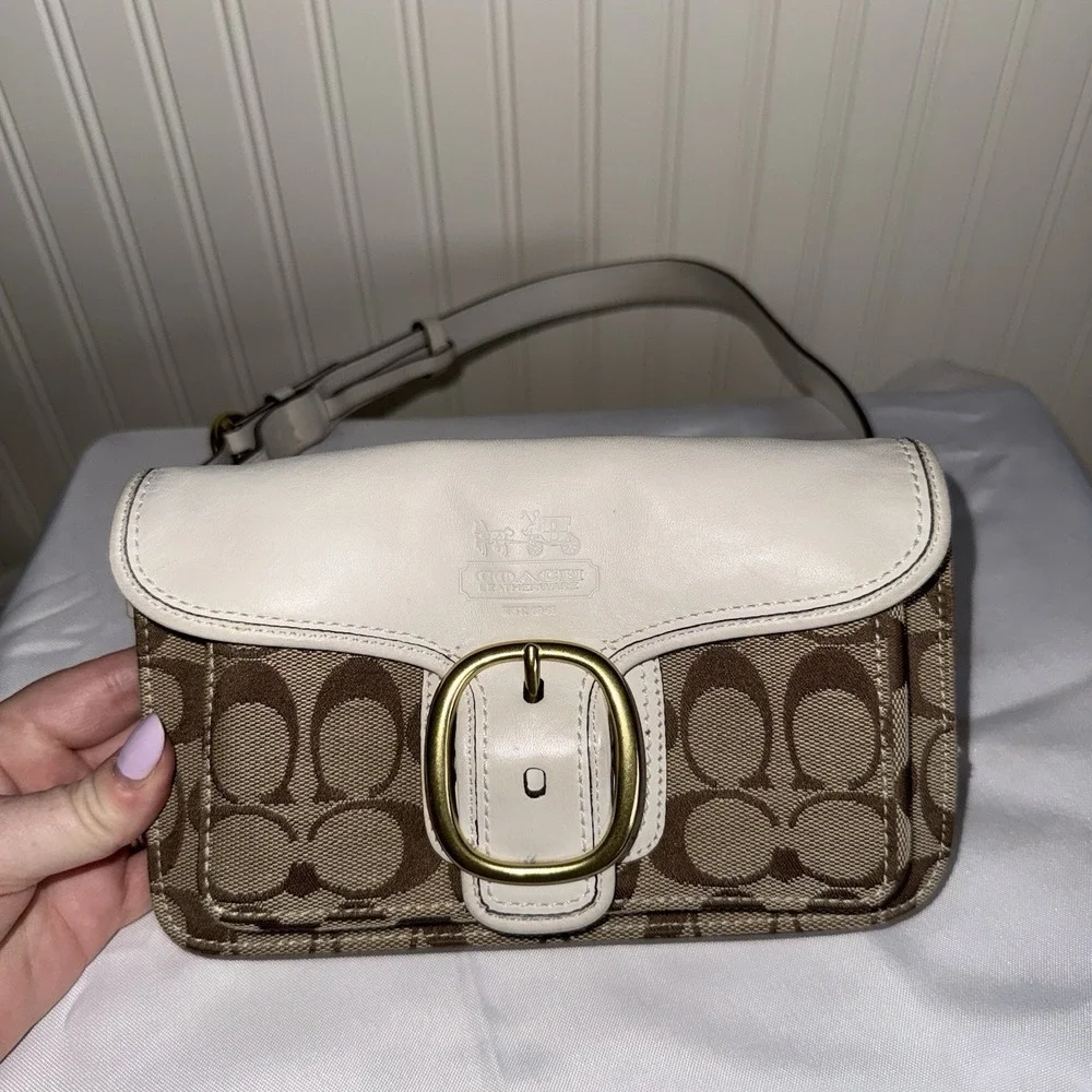 Vintage Coach Bleeker Legacy Tattersall Flap Leather Belt Sling Bag White Brown